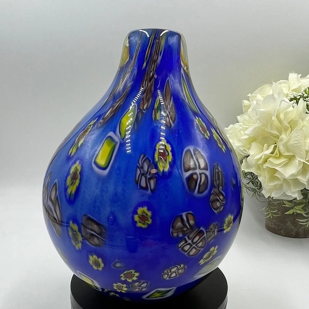 Heavy Vintage Murano Style Millefiori Art Glass Vase Blue Bulb Hand Blown >5 Ibs